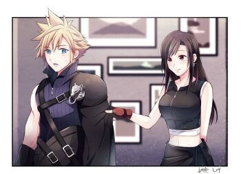 Rule 34 | 1boy, 1girl, apron, arm behind back, artist collaboration, bare shoulders, belt buckle, black apron, black hair, black vest, blonde hair, blue eyes, blurry, blurry background, blush, border, breasts, bruise, bruise on face, buckle, closed mouth, cloud strife, commentary request, crop top, detached sleeves, dirty, dirty face, earrings, fenrir (final fantasy), final fantasy, final fantasy vii, final fantasy vii: advent children, fingerless gloves, glint, gloves, highres, injury, jewelry, kt9 ct, large breasts, long hair, looking at another, midriff peek, outside border, picture frame, popped collar, red eyes, red gloves, ribbed shirt, shirt, signature, sin 3794, single bare shoulder, single detached sleeve, single shoulder pad, sleeveless, sleeveless shirt, spiked hair, tifa lockhart, upper body, vest, waist apron, white border, zipper