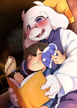 1girl :3 animal_ears armchair blush book breasts breath brown_hair chair dagasi dark_background eating fangs food fork frisk_(undertale) furry glasses goat_ears goat_girl goat_horns grabbing_another's_breast groping highres horns open_book open_mouth pie shota sitting sweat toriel undertale utdr_(toby_fox)