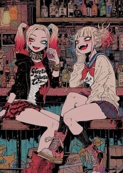 2girls bar_(place) batman_(series) blonde_hair boku_no_hero_academia commentary_request crossover dc_comics harlequin harley_quinn jester_costume maai_01 makeup multiple_girls open_mouth pink_hair plaid_clothes plaid_skirt school_uniform sitting skirt smile suicide_squad teeth toga_himiko twintails