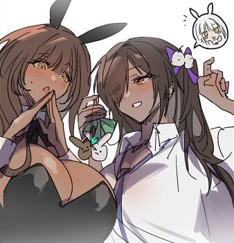 Rule 34 | 3girls, :o, animal ears, black bow, black bowtie, black leotard, blanc (nikke), blush, bowtie, breasts, brown eyes, brown hair, chibi, chibi inset, dark-skinned female, dark skin, detached collar, fake animal ears, goddess of victory: nikke, grin, hair over one eye, hair ribbon, holding, huge breasts, large breasts, leotard, mimlmi, multiple girls, naga (nikke), necktie, noir (nikke), one eye covered, playboy bunny, purple necktie, rabbit ears, ribbon, shirt, smile, strapless, strapless leotard, white shirt, wrist cuffs