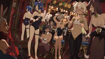 Rule 34 | animal ears, bear ears, bear girl, bear tail, blunt sidelocks, cat ears, cat girl, cat tail, dark-skinned female, dark skin, dressing room, go! go! gris!, gris (go! go! gris!), heart pasties, high heels, highres, kara (go! go! gris!), mouse ears, mouse girl, mouse tail, pantyhose, pasties, perl (go! go! gris!), playboy bunny, reverse bunnysuit, reverse outfit, sidelocks, table, tail, vanity table, vertigris