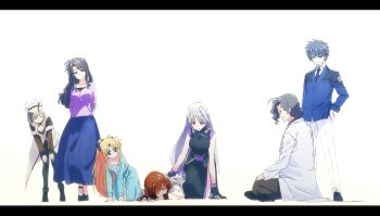 Rule 34 | 2boys, 5girls, absurdres, alicia testarossa, ankle boots, arm support, arms behind back, black bow, black dress, black eyes, black footwear, black gloves, black hair, black legwear, black neckwear, blonde hair, blue dress, blue jacket, blue skirt, boots, bow, breasts, brown hair, bygddd5, cleavage, closed eyes, closed mouth, clyde harlaown, commentary, dress, dress shirt, fingerless gloves, flats, gloves, granz florian, grey hair, hair bow, hand on another's back, hand on own hip, hands on thighs, hat, head tilt, highres, in-franchise crossover, indian style, jacket, kneeling, layered sleeves, leaning forward, letterboxed, light brown hair, long dress, long hair, long skirt, long sleeves, looking at another, lying, lyrical nanoha, mahou shoujo lyrical nanoha, mahou shoujo lyrical nanoha a's, mahou shoujo lyrical nanoha the movie 2nd a's, medium breasts, multiple boys, multiple girls, necktie, on stomach, pants, pantyhose, presea testarossa, purple shirt, red eyes, reinforce, rynith, school uniform, seishou elementary school uniform, shirt, shoes, short hair, short over long sleeves, short sleeves, sitting, skirt, sleeping, sleeveless, sleeveless dress, smile, standing, tsab naval military uniform, white background, white dress, white headwear, white pants, white shirt, wing collar, yagami hayate