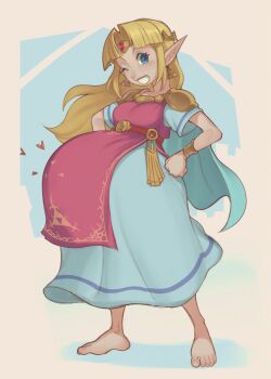 1girl barefoot blonde_hair blue_eyes breasts earrings female_focus full_body hands_on_own_hips heart hellbrain highres jewelry long_hair looking_at_viewer medium_breasts nintendo one_eye_closed pointy_ears pregnant princess_zelda solo the_legend_of_zelda the_legend_of_zelda:_a_link_to_the_past wink