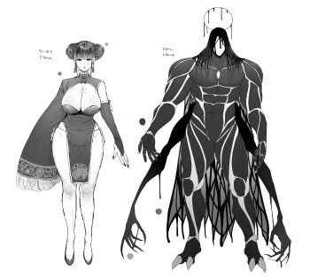 1boy 1girl absurdres breasts reference_sheet china_dress chinese_clothes cleavage curvy double_bun dress full_body height_chart height_comparison height_difference highres huge_breasts large_breasts lips mole mole_on_breast mole_under_mouth monster_boy nemu_(nora) standing thighs wide_hips