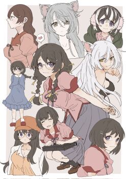 1girl ^_^ aged_down animal_ears arms_behind_back bag bakeneko black_bra black_hair black_hanekawa black_socks blouse blue_dress blue_shirt border bra braid breasts brown_hair brown_shoes cat_ears cat_girl cleavage closed_eyes closed_mouth collarbone collared_shirt commentary_request dress earmuffs expressionless fang fang_out glasses grey_background grey_eyes grey_hair grey_skirt hair_ornament hair_ribbon hairclip hanekawa_tsubasa hat heart highres jacket large_breasts leaning_forward loafers long_hair looking_at_viewer low_twin_braids monogatari_(series) multicolored_hair multiple_views naoetsu_high_school_uniform open_mouth orange_hat orange_shirt parallel_hairclips pink_shirt pleated_skirt profile puffy_short_sleeves puffy_sleeves purple_eyes red_shoes ribbon satchel school_uniform shirt shoes short_hair short_sleeves skin_fang skirt smile socks speech_bubble spoken_heart squatting swept_bangs twin_braids two-tone_hair underwear valhalla0707 white_border white_hair white_jacket white_socks yellow_eyes yellow_ribbon