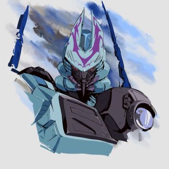 absurdres character_request commentary dreadwing english_commentary grey_background highres hinomars19 looking_at_viewer mecha no_humans predacon red_eyes robot science_fiction solo transformers transformers_energon transformers_unicron_trilogy upper_body v-fin