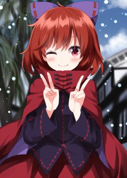 1girl ;) black_shirt blurry blurry_background blush bow cape closed_mouth commentary_request completion_time cowboy_shot day double_v hair_bow hands_up highres long_sleeves looking_at_viewer one_eye_closed outdoors purple_bow red_cape red_eyes red_hair red_skirt ruu_(tksymkw) sekibanki shirt short_hair skirt smile snowing solo touhou two-sided_cape two-sided_fabric untucked_shirt v winter