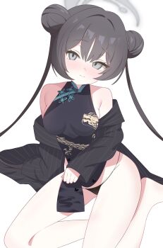 1girl bare_legs bare_shoulders black_dress black_hair black_panties blue_archive blush breasts china_dress chinese_clothes closed_mouth clothes_lift commentary double_bun dragon_print dress dress_lift grey_eyes grey_halo hair_between_eyes hair_bun halo highres kanimiso30601 kisaki_(blue_archive) long_hair looking_at_viewer panties simple_background sitting sleeveless sleeveless_dress small_breasts solo twintails underwear very_long_hair white_background