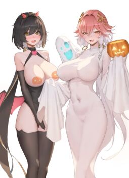 2girls alternate_costume black_gloves black_hair black_leotard black_thighhighs blush braid breasts breasts_out changli_(wuthering_waves) colored_inner_hair commentary covered_navel elbow_gloves embarrassed english_commentary fake_horns female_rover_(wuthering_waves) ghost_costume gloves hair_between_eyes hair_extensions hair_intakes hair_ornament hair_ribbon hairband halloween_costume hands_up holding holding_pumpkin horn_hairband horns jack-o&#039;-lantern large_breasts leotard long_hair looking_at_viewer low_ponytail multicolored_hair multiple_girls open_mouth orange_eyes pasties pink_hair ponytail pumpkin ribbon ring_hair_extensions rover_(wuthering_waves) sheet_ghost sib_(9obsl) simple_background smile thighhighs thighs twin_braids two-tone_hair very_long_hair white_background white_hair wuthering_waves yellow_eyes yellow_ribbon