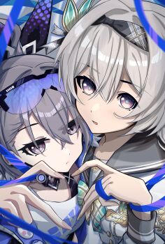 2girls absurdres choker commentary_request eyewear_on_head firefly_(honkai:_star_rail) firefly_(spring_missive)_(honkai:_star_rail) four-finger_heart_hands grey_hair hair_between_eyes hair_ribbon headband heart heart_hands highres honkai:_star_rail honkai_(series) looking_at_viewer multicolored_eyes multiple_girls mutsu_aya official_alternate_costume parted_lips ribbon school_uniform serafuku shirt silver_wolf_(honkai:_star_rail) two-tone_eyes