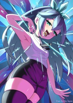 1girl alternate_costume artist_name black_shorts blue_eyes blue_hair commentary_request english_text fubukihime haz_hazn highres long_hair looking_at_viewer open_mouth shirt short_shorts shorts sleeveless sleeveless_shirt solo teeth upper_teeth_only white_shirt youkai_(youkai_watch) youkai_medal youkai_watch