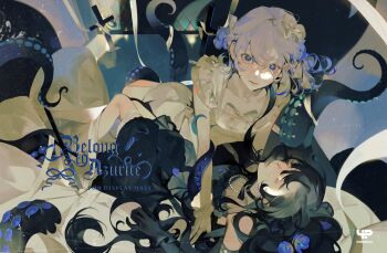 2girls absurdres baichuan_baichuan bead_necklace beads black_dress black_hair blue_eyes blue_flower closed_eyes closed_mouth collarbone dress eyelashes flower gem gloves highres jewelry lips long_hair looking_at_viewer multicolored_hair multiple_girls necklace original pearl_(gemstone) pearl_necklace petals sidelocks tentacles two-tone_hair watermark white_dress white_gloves white_hair