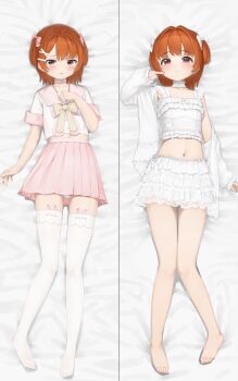 1boy 50-nin_craft animal_ear_legwear animal_ears arm_at_side bare_legs barefoot belt_collar bikini blunt_bangs blush bow bulge buttons chest_bow choker collar collarbone cross-laced_bikini cross-laced_clothes cross_hair_ornament crossdressing crossdressing_(mtf) curled_fingers dakimakura_(medium) finger_to_cheek frilled_bikini frilled_choker frilled_jacket frilled_sleeves frills hair_bow hair_intakes hair_ornament hairclip hand_on_own_chest hand_up highres hood hooded_jacket jacket knees_together_feet_apart linea_alba looking_at_viewer lying male_focus midriff midriff_peek miniskirt multiple_views navel off-shoulder_jacket off_shoulder omochi_art753 on_back orange_eyes orange_hair panties parted_bangs parted_lips pink_bow pink_sailor_collar pink_skirt pink_sleeves pleated_skirt rabbit_ears raised_inner_eyebrows ribbon-trimmed_bikini ribbon_trim sailor_collar school_uniform serafuku short_hair short_sleeves shy sidelocks single_off_shoulder skirt smile solo straight_hair swimsuit thighhighs thighs trap two_side_up underwear wadrud_(youtuber) white_bikini white_bow white_choker white_jacket white_panties white_serafuku white_thighhighs yellow_bow zettai_ryouiki