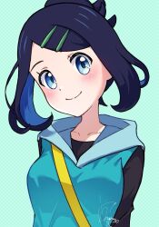 1girl black_hair black_shirt blue_eyes blush closed_mouth collarbone commentary eyelashes green_background hair_ornament hairclip happy head_tilt hood hood_down hooded_vest hoodie liko_(pokemon) meru_merume603 nintendo pokemon pokemon_(anime) pokemon_horizons shirt signature smile solo strap swept_bangs upper_body vest