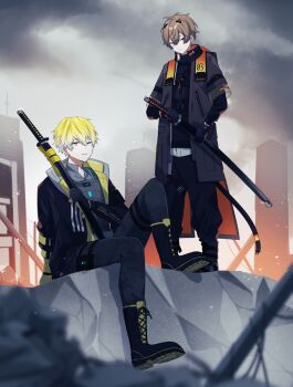 2boys alban_knox alban_knox_(1st_costume) armor black_boots black_coat black_gloves black_pants black_shirt blonde_hair blue_eyes boots brown_hair cliff cloud coat commentary_request frown full_body gloves grey_shirt grey_sky highres holding holding_sword holding_weapon looking_at_viewer male_focus multiple_boys nana72710193 nijisanji nijisanji_en orange_coat outdoors pants planted planted_sword planted_weapon shirt sky skyline sonny_brisko sonny_brisko_(1st_costume) sword two-sided_coat two-sided_fabric virtual_youtuber weapon