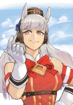 1girl animal_ears armband blue_sky blunt_bangs bow bowtie breasts brown_hat cloud dress ear_bow gloves gold_ship_(red_strife)_(umamusume) gold_ship_(umamusume) grey_hair hat horse_ears horse_girl long_hair looking_at_viewer pillbox_hat purple_bow red_bow red_bowtie red_dress red_eyes sky sleeveless sleeveless_dress smile smirk solo striped_armband striped_clothes toastitos umamusume upper_body white_gloves