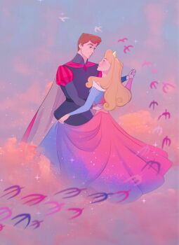 1boy 1girl aurora_(disney) bird black_shirt blonde_hair blue_dress brown_hair cloak clothes_lift cloud couple curly_hair dancing dress dress_lift gradient_clothes gradient_dress grey_cloak hand_on_another&#039;s_waist hetero highres holding_hands light_blush long_dress long_hair long_sleeves looking_at_another off-shoulder_dress off_shoulder parted_lips phillip_(disney) pink_dress red_cloak red_sleeves ri_ri_ri2 shirt short_hair sleeping_beauty_(disney) smile tiara two-sided_cloak two-sided_fabric