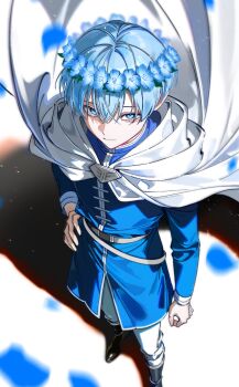 Rule 34 | 1boy, absurdres, belt, black shoes, blue eyes, blue flower, blue shirt, cape, closed mouth, commentary request, falling petals, floating cape, flower, hand on own hip, head wreath, highres, himmel (sousou no frieren), hrak mumi, layered sleeves, long sleeves, looking to the side, male focus, pants, parted hair, petals, shirt, shoes, sideways glance, smile, solo, sousou no frieren, white belt, white cape, white pants