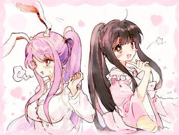 2girls alternate_hairstyle animal_ears blush breasts brown_eyes brown_hair collared_shirt frilled_shirt_collar frills highres houraisan_kaguya large_breasts long_hair long_sleeves looking_at_viewer multiple_girls open_mouth pink_shirt ponytail purple_hair rabbit_ears rabbit_girl red_eyes reisen_udongein_inaba seiryo0425 shirt smile star_(symbol) touhou very_long_hair white_shirt wide_sleeves