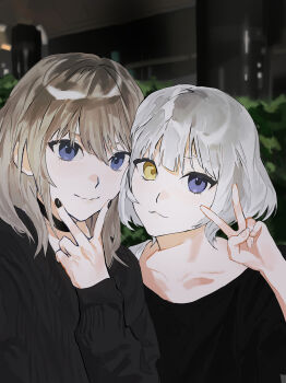 Rule 34 | 2girls, :3, absurdres, bang dream!, bang dream! it's mygo!!!!!, black nails, black shirt, black sweater, blue eyes, commentary, crossover, girls band cry, grey hair, heterochromia, highres, kaname raana, kawaragi momoka, long hair, male focus, multicolored hair, multiple girls, nail polish, rainbow hose, roots (hair), shirt, short hair, sweater, symbol-only commentary, v, v over mouth, white hair, yellow eyes