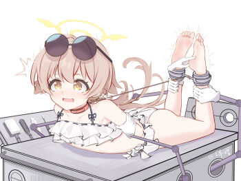 1girl ^^^ absurdres arms_behind_back ass banbanban_li bare_arms bare_legs bare_shoulders barefoot bikini blue_archive bound bound_arms bound_feet brown_hair chinese_commentary choker collarbone commentary disembodied_hand electric_toothbrush eyewear_on_head feathers feet feet_up frilled_bikini frills full_body hair_between_eyes hair_brush hair_ornament halo hifumi_(blue_archive) hifumi_(swimsuit)_(blue_archive) highres hogtie light_blush long_hair looking_up lying mechanical_arm motion_lines nobiiru_arm official_alternate_costume on_stomach open_mouth paid_reward_available pink_choker restrained ribbon-trimmed_bikini ribbon-trimmed_swimsuit ribbon_trim round_eyewear ruffle_bikini simple_background smile soles solo sunglasses swimsuit tickling tickling_feet toes toothbrush twintails twitter_username wavy_mouth white_background white_bikini white_feathers wing_hair_ornament winged_halo yellow_eyes yellow_halo