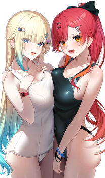 Rule 34 | 2girls, :d, absurdres, aizawa ema, asymmetrical docking, bare shoulders, black one-piece swimsuit, blonde hair, blue eyes, blush, breast press, breasts, competition swimsuit, covered navel, cowboy shot, hashtag-only commentary, highres, large breasts, long hair, looking at viewer, multiple girls, navel, nekota tsuna, nikichiho, one-piece swimsuit, open mouth, orange eyes, orange hair, ponytail, red hair, school swimsuit, simple background, smile, standing, swimsuit, very long hair, virtual youtuber, vspo!, white background, white one-piece swimsuit