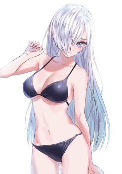 1girl absurdres bikini black_bikini blue_eyes blush breasts commentary_request commission copyright_request hair_over_one_eye highres kishida_mel long_hair looking_at_viewer medium_breasts navel simple_background skeb_commission solo swimsuit white_background white_hair