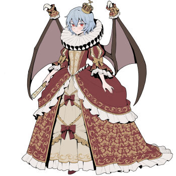 Rule 34 | 1girl, alternate costume, bat wings, blue hair, blush, bow, closed mouth, clothing request, crown, dress, dress bow, folded fan, folding fan, frilled dress, frills, full body, hand fan, highres, holding, holding fan, long dress, long sleeves, looking at viewer, mini crown, neck ruff, pink nails, queen, red bow, red dress, red eyes, remilia scarlet, short hair, simple background, solo, touhou, white background, wings, yellow bow, yellow dress, youpofen