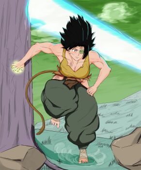 1girl absurdres baggy_pants bare_shoulders barefoot black_eyes black_hair breasts closed_mouth dragon_ball green_background highres long_hair monkey_tail muscular muscular_female non-web_source pants shirt simple_background solo tail yellow_shirt