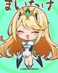 1girl :3 animated blonde_hair blush chest_jewel chibi closed_eyes commentary core_crystal_(xenoblade) dancing dress earrings full_body green_background happy jewelry kakk_e long_hair maitake_dance mythra_(xenoblade) smile spiral_background star_(symbol) star_earrings tiara translation_request video white_dress xenoblade_chronicles_(series) xenoblade_chronicles_2