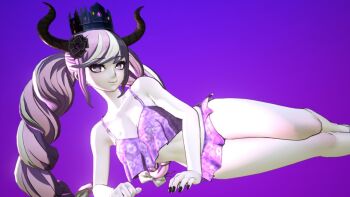 1girl 3d bikini braid breast_tattoo breasts cleavage crown female_focus flower hair_flower hair_ornament hair_ribbon horns large_breasts long_hair looking_at_viewer lying master_detective_archives:_rain_code matching_hair/eyes nail_polish official_art on_side pink_eyes pink_hair ribbon shinigami_(rain_code) simple_background solo swimsuit tattoo twin_braids twintails