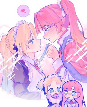 2girls ? alternate_costume anyoji_hime blonde_hair blue_eyes blue_hair blush cape cho_toutoi_love collared_dress colored_speech_bubble commentary curtained_hair dress dripping_eye eye_contact fang fur-trimmed_cape fur_trim gradient_hair heart highres holding_another&#039;s_hair juliet_sleeves link!_like!_love_live! long_sleeves looking_at_another love_live! maid master_and_servant mira-cra_park! multicolored_hair multiple_girls multiple_views official_alternate_costume osawa_rurino parted_bangs parted_lips pink_cape pink_hair pipi_(m1x_mix) ponytail prince puffy_sleeves skin_fang speech_bubble spoken_heart sweatdrop virtual_youtuber yuri