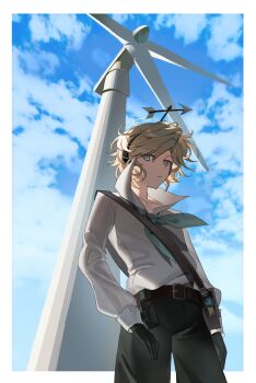 Rule 34 | 1girl, androgynous, bag, belt, black gloves, black pants, blonde hair, blue neckerchief, blue sky, border, brown belt, commentary, cowboy shot, gloves, grey eyes, hagtiquarian, highres, identity v, messenger bag, neckerchief, outside border, pants, popped collar, shirt, shoulder bag, side part, sky, solo, tomboy, untranslatable commentary, wendy foote, white border, white shirt, wind turbine, windmill