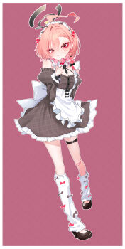 1girl alternate_costume apron bare_shoulders black_dress blue_archive detached_collar dress enmaided frilled_apron frills gyaru hair_between_eyes highres maid maid_apron maid_headdress medium_hair mo2upoyo neru_(blue_archive) puffy_sleeves unconventional_maid white_apron