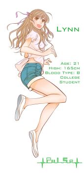 1girl brown_eyes brown_hair character_age character_name character_profile commentary copyright_name english_commentary english_text hair_ribbon highres long_hair lynn_wiles_(pulse) midriff_peek official_art open_mouth pulse_(ratana_satis) ratana_satis ribbon second-party_source shoes short_sleeves shorts simple_background smile solo white_background white_shoes