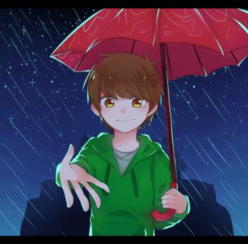 Rule 34 | 1boy, animated, animated gif, animification, antenna hair, brown eyes, brown hair, closed eyes, commentary, crossover, drawstring, edd (eddsworld), eddsworld, english commentary, green hoodie, grey shirt, hair behind ear, holding, holding umbrella, hood, hood down, hoodie, letterboxed, long sleeves, male focus, molechan, outdoors, outstretched hand, parody, rain, shirt, short hair, smile, solo, swept bangs, umbrella, undertale, upper body, utdr (toby fox), waterfall (undertale)