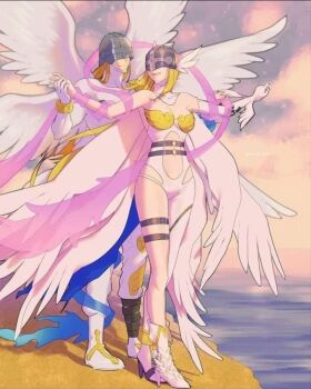 Rule 34 | 1boy, 1girl, angel, angel boy, angel girl, angemon, angewomon, digimon, digimon (creature), head wings, long hair, mask, parody, titanic (movie), wings