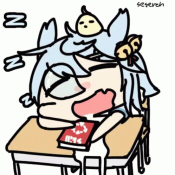 1girl ahoge animal animal_ears animal_on_head animated animated_gif azur_lane baby_animal bell bird book cat_ears chick desk drooling fubuki_(azur_lane) hair_bell hair_ornament lowres nose_bubble on_head open_mouth seseren sleeping snoring zzz