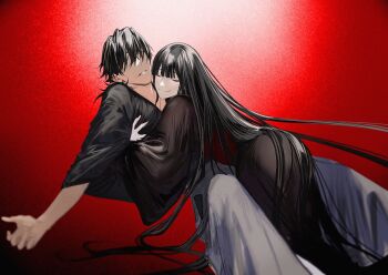 1boy 1girl absurdly_long_hair ass black_hair black_kimono blunt_bangs closed_eyes closed_mouth fate/grand_order fate_(series) hair_over_eyes highres japanese_clothes kimono lifting_person long_hair long_sleeves official_alternate_costume oryou_(fate) outstretched_arms parted_lips red_background red_sash sakamoto_ryouma_(fate) sash short_hair sidelocks smile spread_arms very_long_hair wide_sleeves ziege113