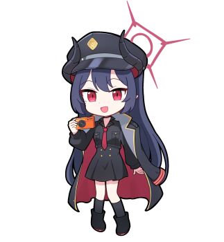 1girl :d arm_at_side black_boots black_hair black_hat black_horns black_shirt black_skirt black_socks blue_archive boots buttons camera chiaki_(blue_archive) chibi chibi_only coat coat_on_shoulders commentary_request demon_girl demon_horns double-breasted full_body halo hand_up hat high-waist_skirt highres holding holding_camera horns kneehighs long_hair long_sleeves looking_at_viewer nagine_11 open_mouth peaked_cap puffy_long_sleeves puffy_sleeves red_eyes red_halo shirt simple_background skirt slit_pupils smile socks solo standing very_long_hair white_background