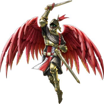 1boy angel angel_wings archangel_(megami_tensei) armor artist_request chainmail closed_mouth demon_(megami_tensei) feathered_wings feathers gauntlets glowing glowing_eyes greaves green_eyes helmet highres holding holding_sword holding_weapon official_art persona persona_5 persona_5:_the_phantom_x red_feathers red_wings scabbard sheath shin_megami_tensei solo sword third-party_source transparent_background weapon wings