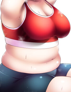 Rule 34 | 1girl, armpits, arms up, big mukimuki &amp; small muchimuchi, breasts, cleavage, grey shorts, head out of frame, highres, hinoharaf (14310486), large breasts, mole, mole on stomach, muffin top, navel, plump, red sports bra, shiina (big mukimuki &amp; small muchimuchi), shorts, simple background, sitting, solo, sports bra, sweat, white background