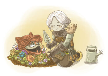 Rule 34 | 1boy, 1girl, bearer of the curse, blue flower, braid, brown gloves, brown pants, closed eyes, closed mouth, commentary request, dark souls (series), dark souls ii, disembodied head, empthylee, flower, full body, gardening, gloves, green shirt, half up braid, head of vengral, holding, holding trowel, orange flower, pants, shirt, smile, trowel, watering can, white background, white hair, yellow flower