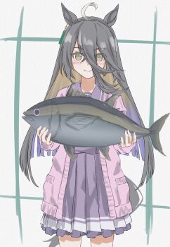 1girl absurdres ahoge animal animal_ears black_hair blush cardigan closed_mouth commentary_request ear_tag earrings fish gentiano815 hair_between_eyes highres holding holding_animal holding_fish horse_ears horse_girl horse_tail jewelry long_bangs long_hair long_hair_between_eyes long_sleeves looking_at_viewer manhattan_cafe_(umamusume) manhattan_cafe_holding_a_fish_(meme) meme multicolored_hair open_cardigan open_clothes pink_cardigan pleated_skirt purple_sailor_collar purple_serafuku purple_shirt purple_skirt sailor_collar sailor_shirt school_uniform serafuku shirt single_earring skirt smile solo tail tracen_school_uniform tuna umamusume very_long_hair white_hair yellow_eyes