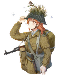 1girl absurdres adjusting_clothes adjusting_headwear animal arm_at_side arm_up assault_rifle backpack bag belt belt_buckle bird braid brown_jacket buckle bug butterfly camouflage camouflage_headwear camouflage_jacket chinstrap chinese_commentary closed_mouth combat_helmet combat_knife commentary_request cropped_torso east_germany grass green_jacket grey_bag grey_headwear gun gun_sling helmet highres insect jacket kalashnikov_rifle knife lapels leaf long_sleeves looking_afar medium_hair military military_combat_uniform military_jacket military_uniform mpi-km nationale_volksarmee notched_lapels nva_uniform orange_eyes orange_hair original partial_commentary pocket rifle robin_(bird) sheath sheathed shirt shoulder_bag simple_background single_braid smile solo strichtarn tuziki_sang upper_body weapon white_background white_butterfly white_shirt