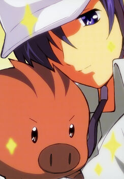 Rule 34 | 1boy, animal, boar, botan (clannad), clannad, close-up, helmet, highres, kigami yoshiji, looking at animal, official art, portrait, purple eyes, purple hair, scan, shirt, short hair, simple background, sparkle, yoshino yuusuke