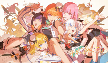 Rule 34 | 5girls, absurdres, blonde hair, blue eyes, blue hair, commentary, english commentary, fins, fish tail, flower, gawr gura, hair ornament, hat, highres, hololive, hololive english, hololive idol uniform (bright), holomyth, long sleeves, looking at viewer, mori calliope, multicolored hair, multiple girls, ninomae ina'nis, official alternate costume, one eye closed, open mouth, orange hair, pink eyes, pink hair, pointing, purple eyes, purple hair, ryuko lee, shark girl, shark tail, sleeveless, smile, streaked hair, tail, takanashi kiara, teeth, tentacle hair, upper teeth only, virtual youtuber, watson amelia, white hair, white hat