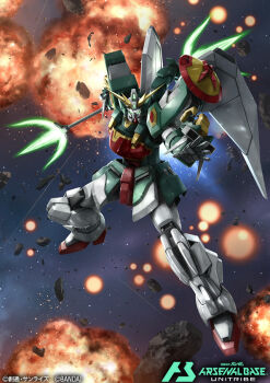 Rule 34 | altron gundam, beam trident, card (medium), commentary request, copyright logo, copyright name, copyright notice, energy weapon, gundam, gundam arsenal base, gundam wing, logo, mecha, mecha focus, mobile suit, official art, polearm, robot, space, tomo (machinemess), trident, v-fin, weapon