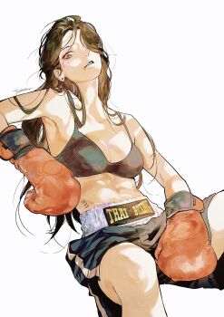 Rule 34 | 1girl, abs, black bra, black shorts, boxer, boxing gloves, boxing shorts, bra, breasts, brown eyes, brown hair, clothes writing, commentary, commentary request, earrings, english commentary, gloves, hair over one eye, highres, invisible chair, jewelry, long hair, medium breasts, mixed-language commentary, number tattoo, original, parted lips, photo-referenced, red gloves, roman numeral, shorts, simple background, sitting, solo, stud earrings, tattoo, thai commentary, underwear, white background, y0kan