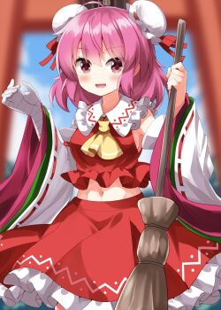 1girl blush cosplay frilled_skirt frills hair_ornament hair_ribbon hakurei_reimu hakurei_reimu_(cosplay) highres ibaraki_kasen long_sleeves open_mouth pink_eyes pink_hair red_ribbon red_shirt red_skirt ribbon ruu_(tksymkw) shirt short_hair skirt smile solo touhou wide_sleeves
